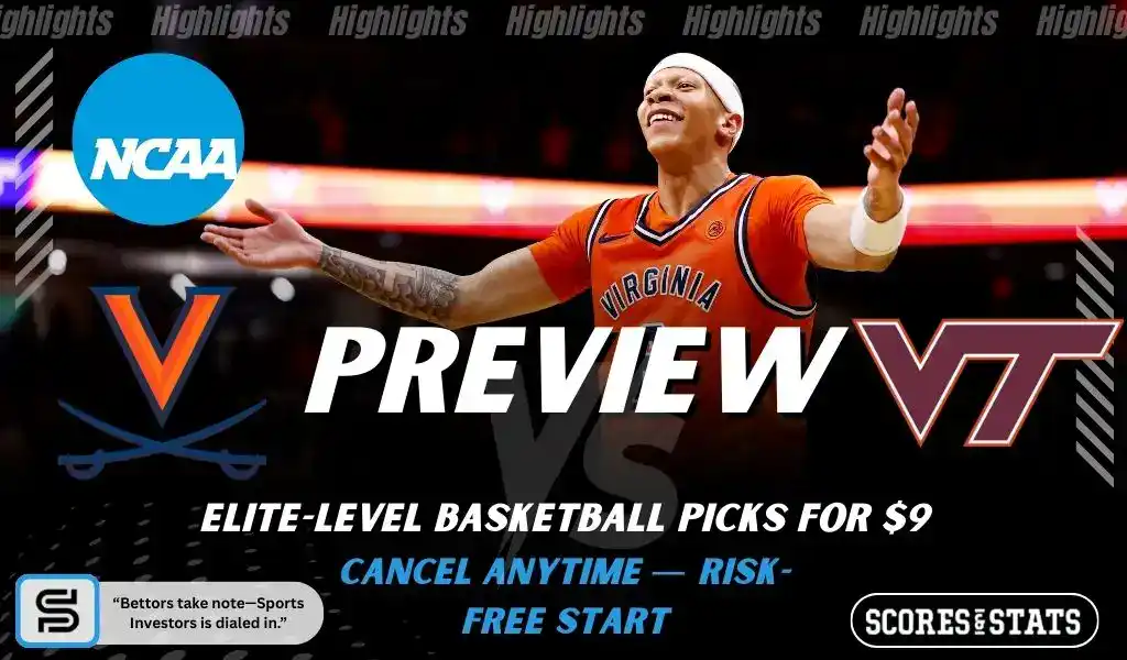 College basketball preview graphic featuring Virginia Cavaliers and Virginia Tech Hokies logos with a Virginia player celebrating and the word preview across the center