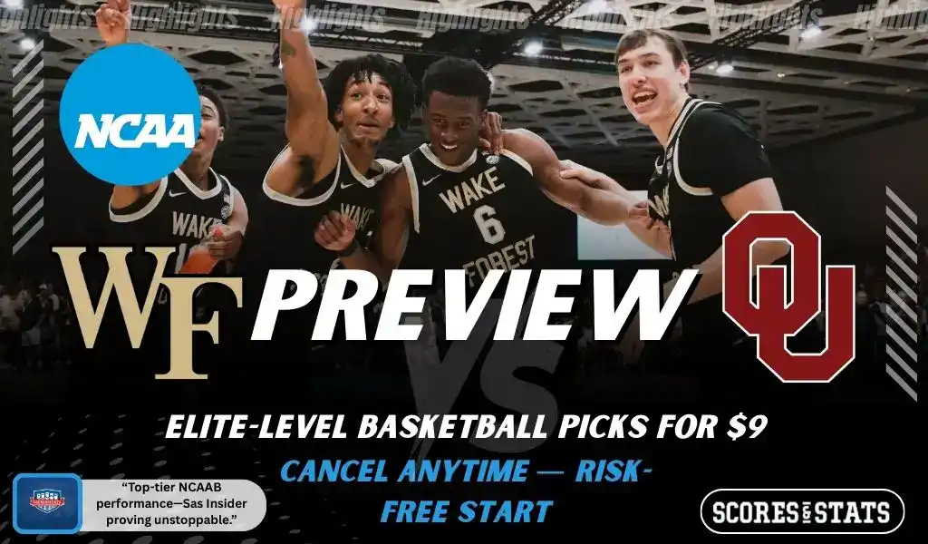 Wake Forest Demon Deacons and Oklahoma Sooners featured in NCAA basketball preview graphic ahead of their upcoming matchup.