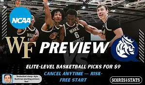 Wake Forest Demon Deacons vs Queens University Royals college basketball game preview graphic with players celebrating on court.