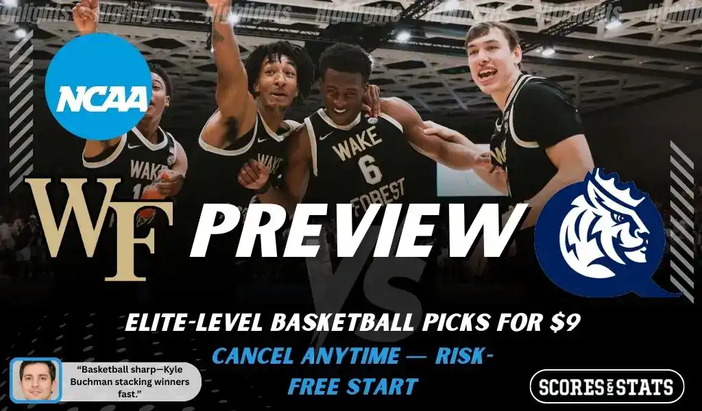 Wake Forest Demon Deacons vs Queens University Royals college basketball game preview graphic with players celebrating on court.