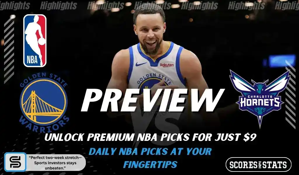 NBA preview graphic featuring Golden State Warriors and Charlotte Hornets logos with a Warriors player in the center and the word preview across the image