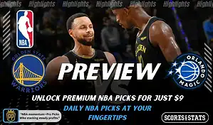 Golden State Warriors vs Orlando Magic NBA preview graphic showing two Warriors players with Warriors and Magic logos and Scores and Stats branding