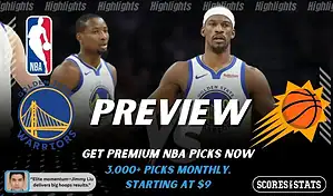 Golden State Warriors vs Phoenix Suns NBA preview graphic featuring two Warriors players with Warriors and Suns logos and Scores and Stats branding