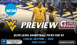 West Virginia Mountaineers and Little Rock Trojans featured in NCAA basketball preview graphic ahead of their upcoming matchup.