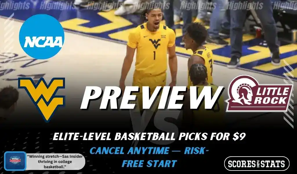 Previews 10 West Virginia Mountaineers and Little Rock Trojans featured in NCAA basketball preview graphic ahead of their upcoming matchup.