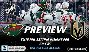 NHL preview graphic featuring Minnesota Wild and Vegas Golden Knights logos with Wild players celebrating and the word preview across the center