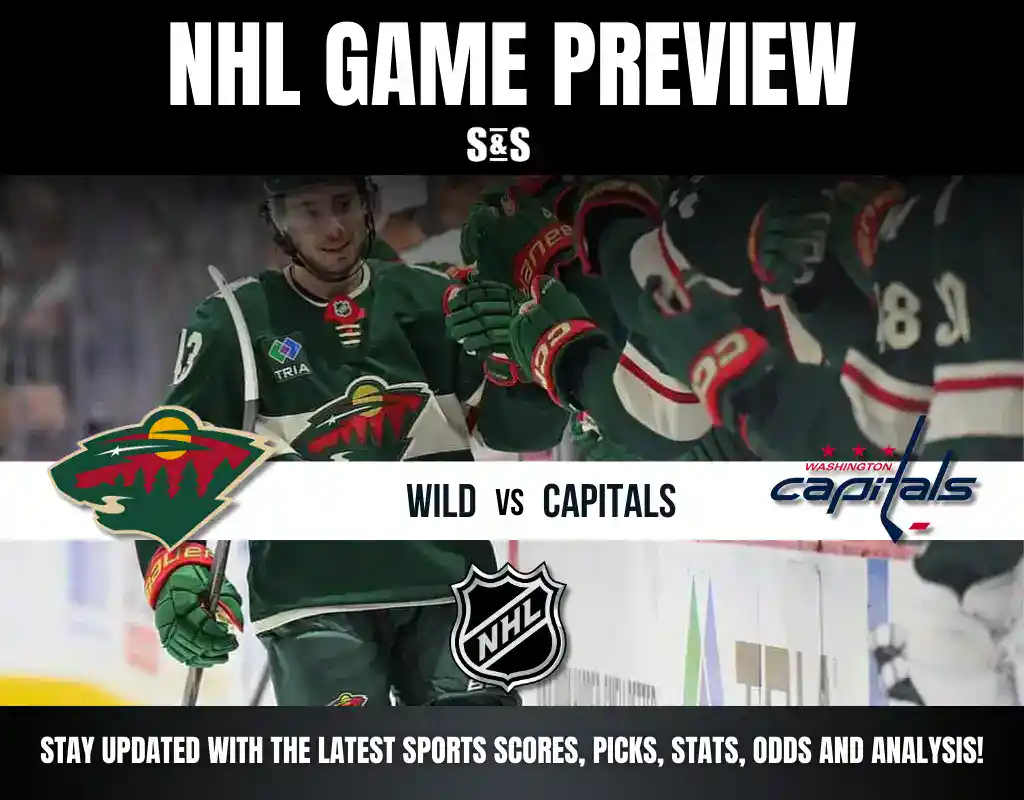 NHL game preview featuring Minnesota Wild vs. Washington Capitals, showcasing players celebrating on the ice.