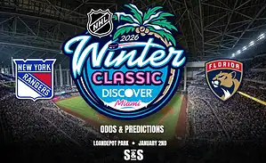 Logo for the 2026 NHL Winter Classic featuring the New York Rangers and Florida Panthers, set in LoanDepot Park, Miami.