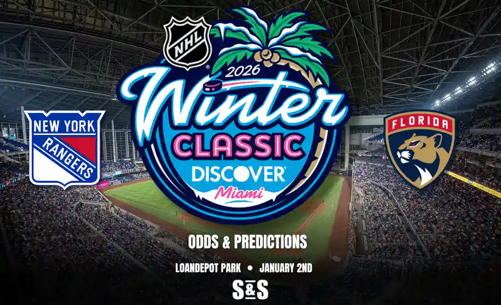 Logo for the 2026 NHL Winter Classic featuring the New York Rangers and Florida Panthers, set in LoanDepot Park, Miami.