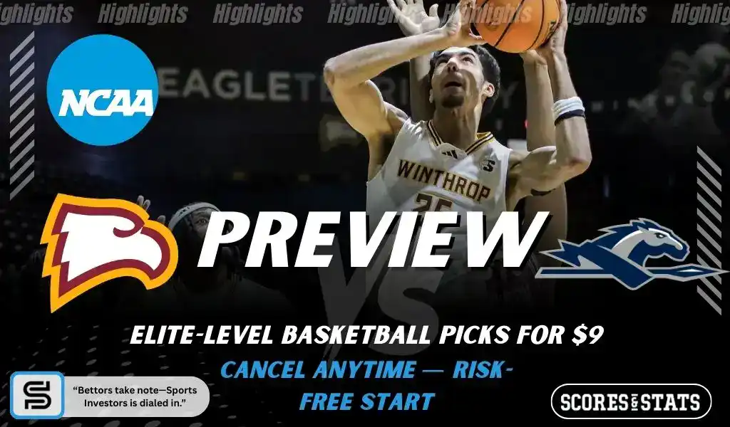 College basketball preview graphic featuring Winthrop Eagles and Longwood Lancers logos with a Winthrop player attempting a shot and the word preview across the center