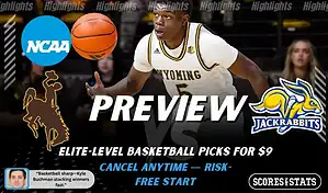 Wyoming Cowboys vs South Dakota State Jackrabbits NCAA basketball game preview image with Wyoming player handling the ball and team logos displayed