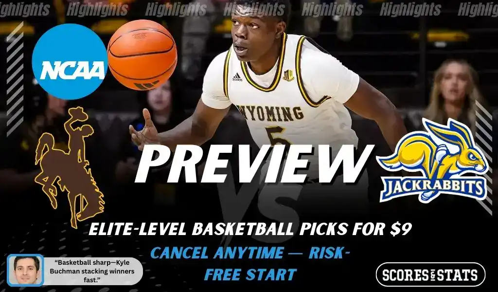 Previews 10 Wyoming Cowboys vs South Dakota State Jackrabbits NCAA basketball game preview image with Wyoming player handling the ball and team logos displayed
