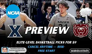 Xavier Musketeers vs Missouri State Bears college basketball preview graphic with Xavier player on court, December 12, 2025