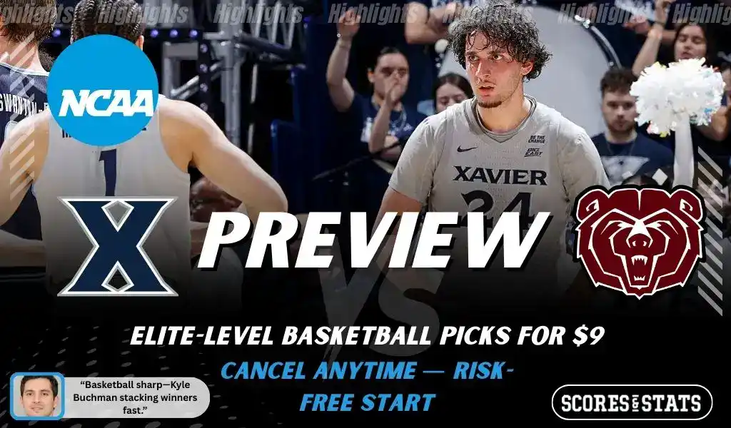 Xavier Musketeers vs Missouri State Bears college basketball preview graphic with Xavier player on court, December 12, 2025