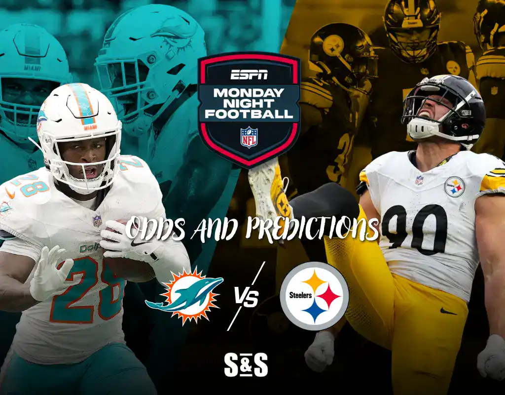Blog 6 An NFL matchup graphic shows the Dolphins vs. Steelers with player images, logos, and text highlighting odds and predictions for the game.