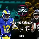 NFL matchup graphic showing Chargers vs. Falcons with the ESPN logo, highlighting odds and predictions for Monday Night Football.