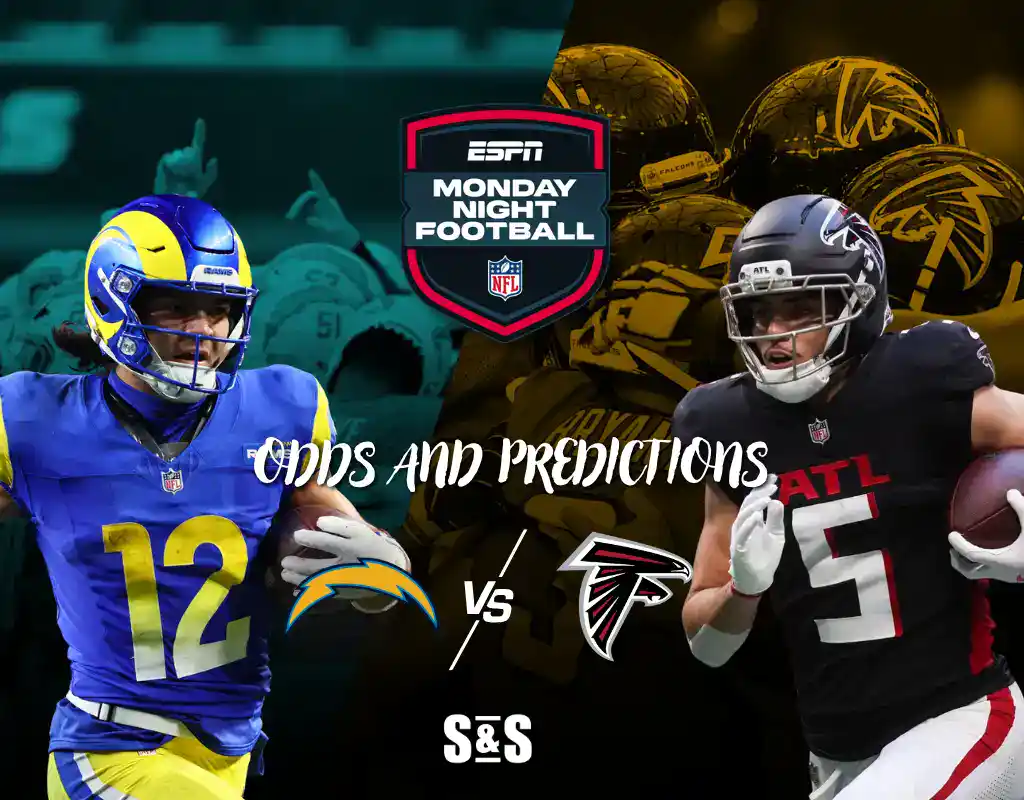 NFL matchup graphic showing Chargers vs. Falcons with the ESPN logo, highlighting odds and predictions for Monday Night Football.