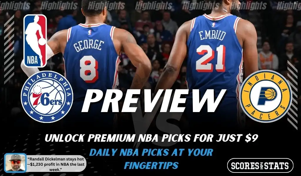 Philadelphia 76ers vs Indiana Pacers NBA preview graphic showing two 76ers players from behind with both team logos for January 19 2026
