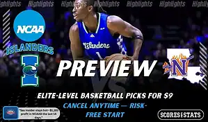 Texas A and M Corpus Christi Islanders versus Northwestern State Demons college basketball preview graphic with team logos and Scores and Stats branding January 10 2026
