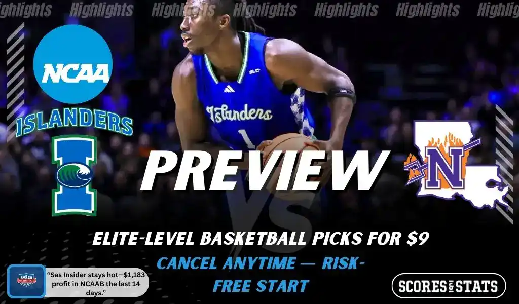 Texas A and M Corpus Christi Islanders versus Northwestern State Demons college basketball preview graphic with team logos and Scores and Stats branding January 10 2026