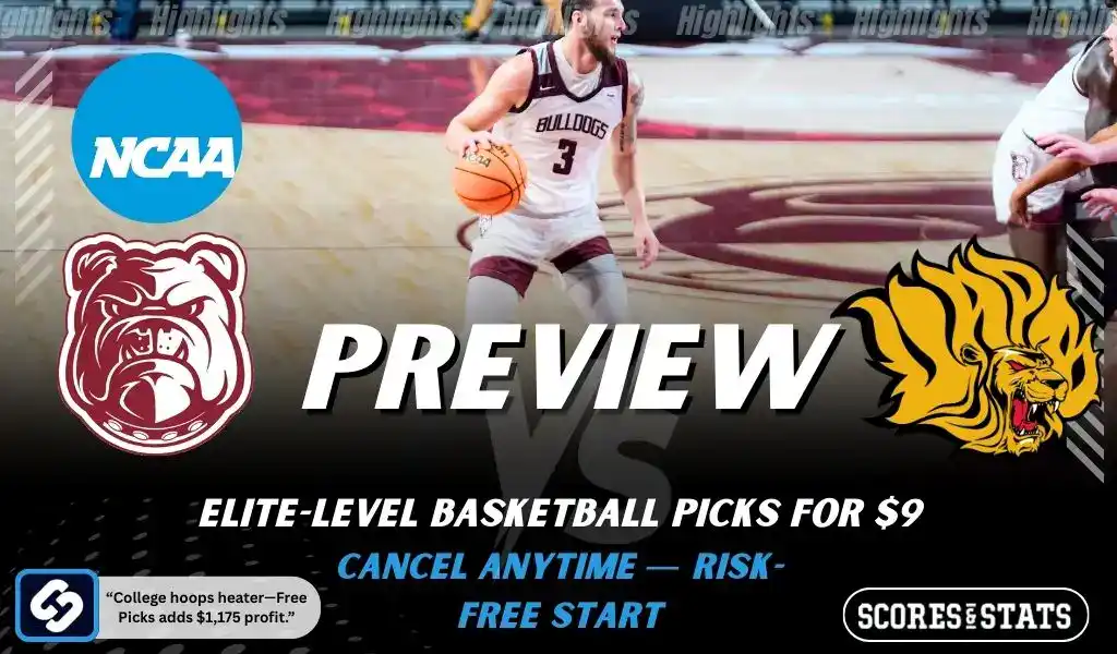 Previews 9 Alabama A&M Bulldogs vs Arkansas Pine Bluff Golden Lions NCAA basketball preview graphic with a player dribbling and team logos