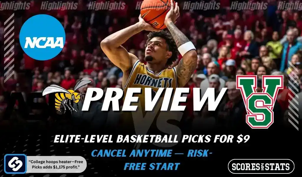 NCAAB 6 Alabama State Hornets vs Mississippi Valley State Delta Devils NCAA basketball preview graphic with a player shooting and team logos