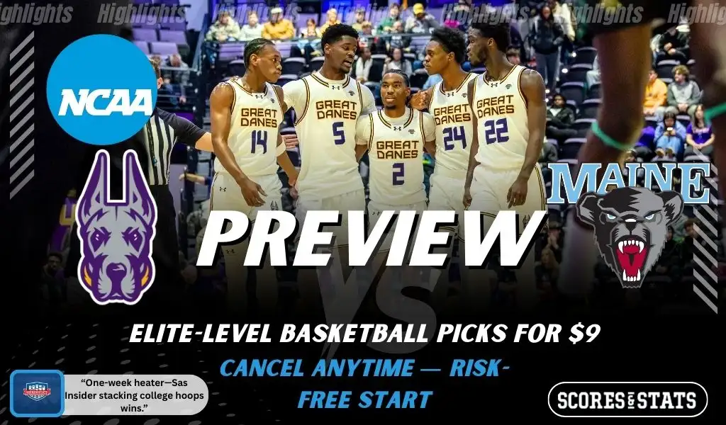 Albany Great Danes vs Maine Black Bears college basketball preview graphic showing Albany players on the court with both team logos for January 22 2026