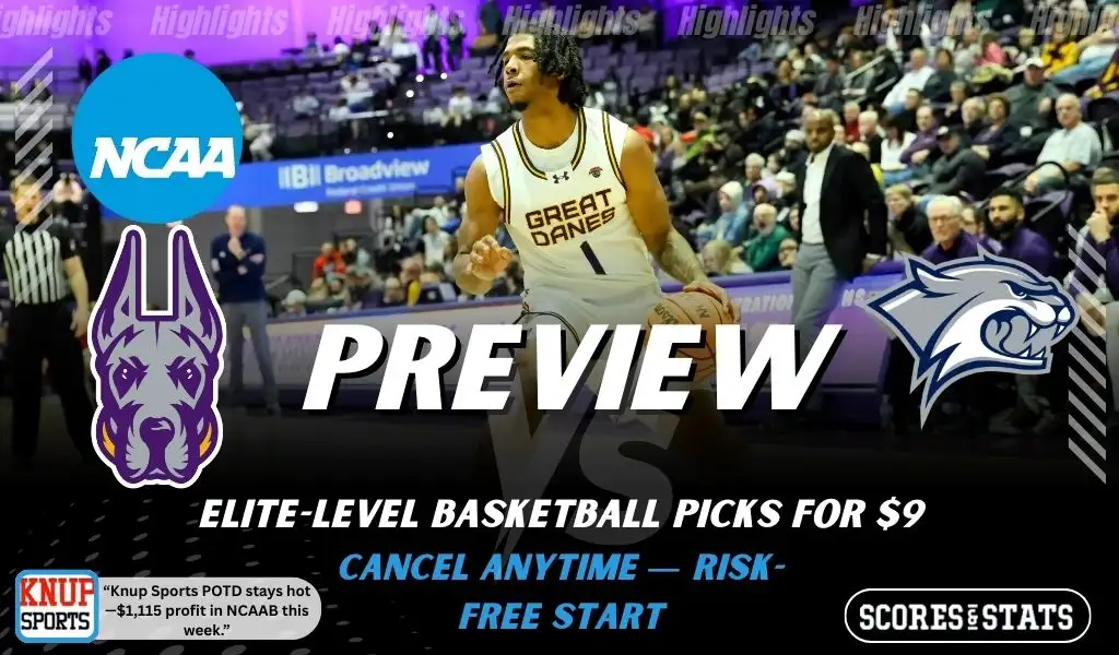 Albany Great Danes vs New Hampshire Wildcats preview graphic with team logos and NCAA branding promoting college basketball picks and predictions for January 24 2026