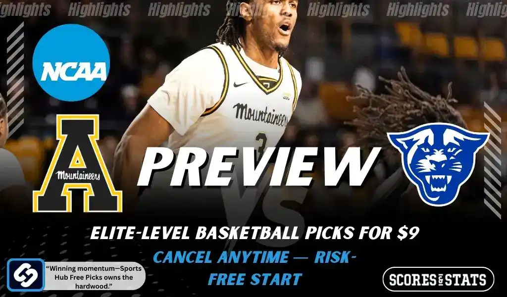 NCAA basketball preview graphic for Appalachian State Mountaineers vs Georgia State Panthers featuring player action shot, both team logos, and “Preview” text for Jan 8, 2026