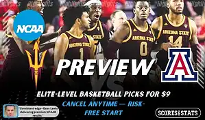 Arizona State Sun Devils vs Arizona Wildcats college basketball preview graphic with team logos, “PREVIEW” headline, and Scores and Stats branding for January 14 2026
