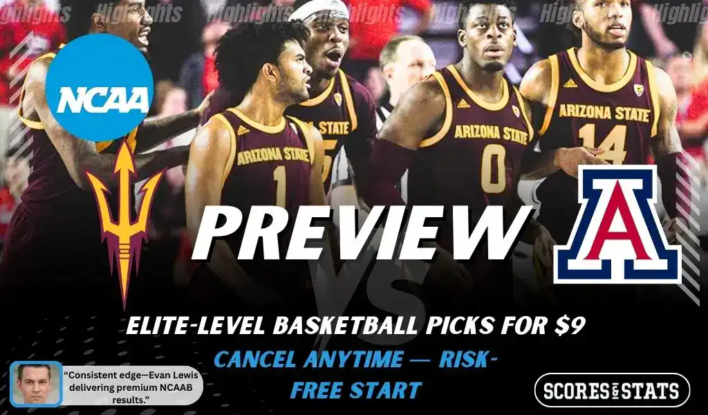 Arizona State Sun Devils vs Arizona Wildcats college basketball preview graphic with team logos, “PREVIEW” headline, and Scores and Stats branding for January 14 2026