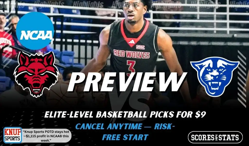 Arkansas State Red Wolves vs Georgia State Panthers preview graphic with team logos and NCAA branding promoting college basketball picks and predictions for January 24 2026