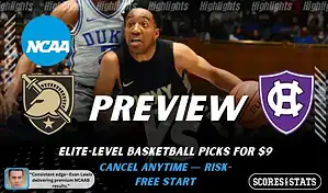 Army Black Knights vs Holy Cross Crusaders basketball preview graphic with Army and Holy Cross logos and an Army player driving with the ball in the background