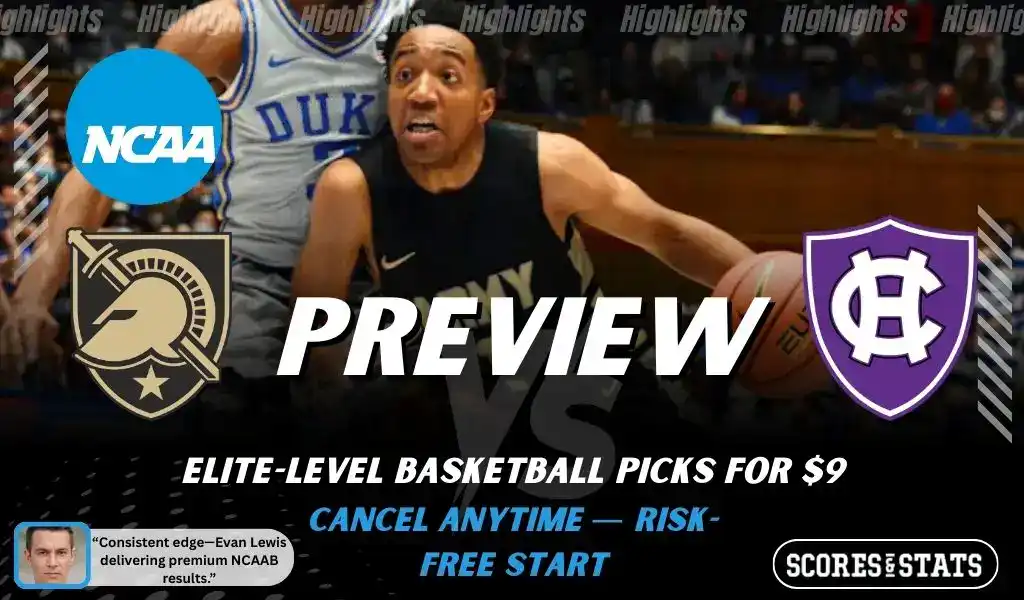 Army Black Knights vs Holy Cross Crusaders basketball preview graphic with Army and Holy Cross logos and an Army player driving with the ball in the background