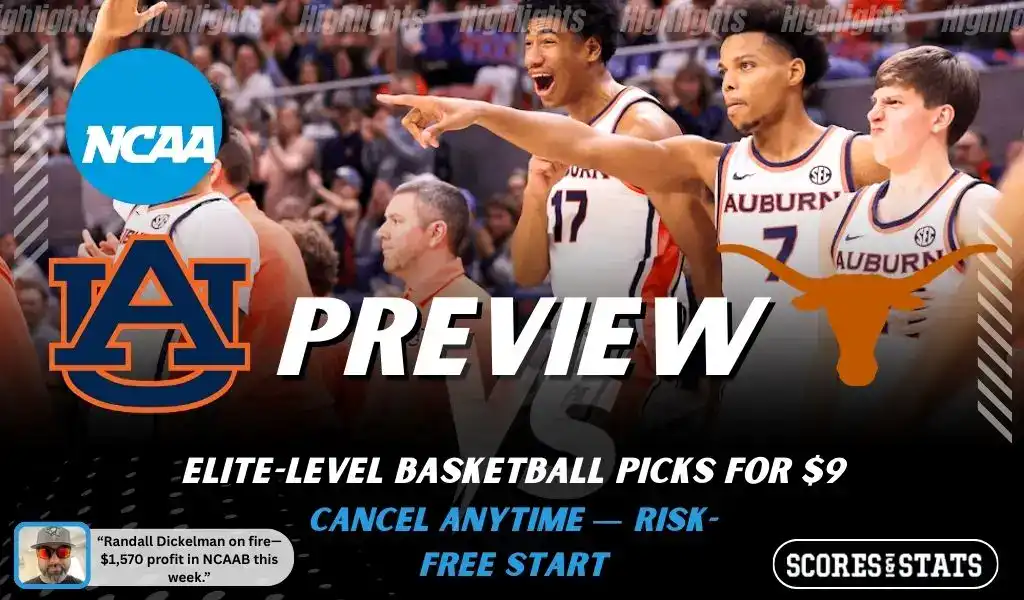 Auburn Tigers vs Texas Longhorns preview graphic with team logos and NCAA branding promoting college basketball picks and predictions for January 28 2026