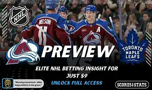 Colorado Avalanche versus Toronto Maple Leafs NHL preview graphic with team logos and Scores and Stats branding January 12 2026