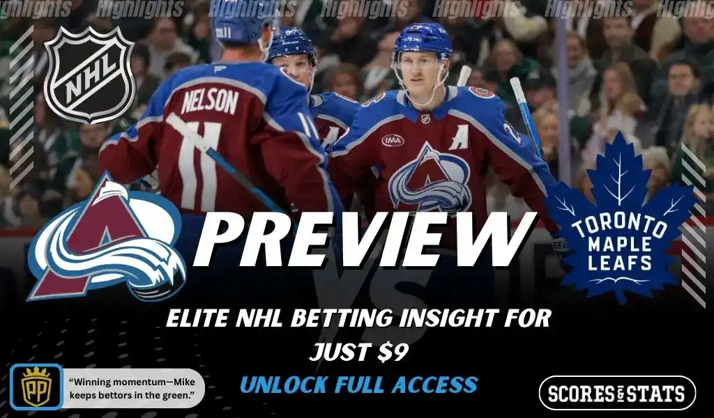 Colorado Avalanche versus Toronto Maple Leafs NHL preview graphic with team logos and Scores and Stats branding January 12 2026