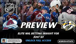 Colorado Avalanche vs Nashville Predators NHL preview graphic featuring both team logos, “Preview” headline, and ScoresAndStats promotion for elite NHL betting insight