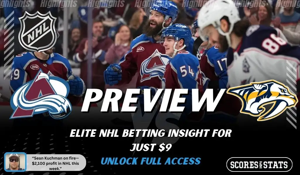Colorado Avalanche vs Nashville Predators NHL preview graphic featuring both team logos, “Preview” headline, and ScoresAndStats promotion for elite NHL betting insight