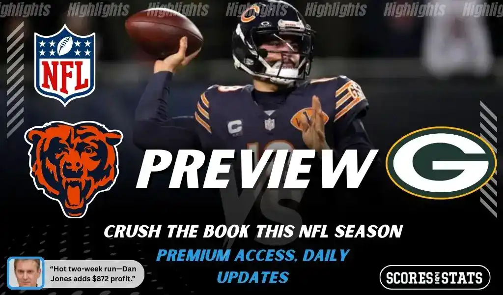 NFL preview graphic for Chicago Bears vs Green Bay Packers with “PREVIEW” text, both team logos, and game date January 10, 2026