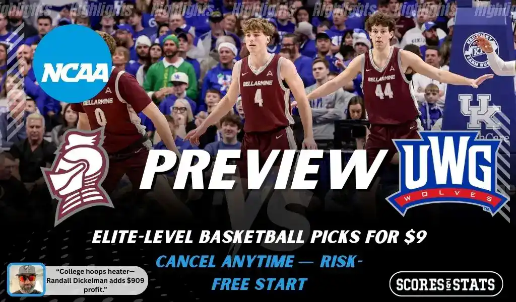 Bellarmine Knights vs West Georgia Wolves NCAA basketball preview graphic with team logos and players in the background January 1 2026