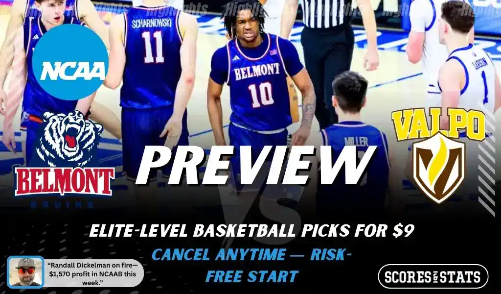 Belmont Bruins vs Valparaiso Beacons preview graphic with team logos and NCAA branding for picks and predictions on January 28 2026