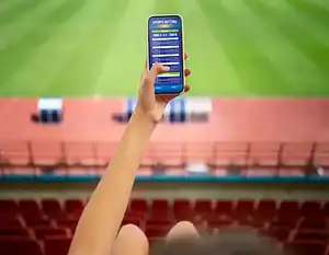 Person holding a smartphone showing sports betting odds while sitting in a stadium, representing online casino sign-up bonuses for sports bettors.