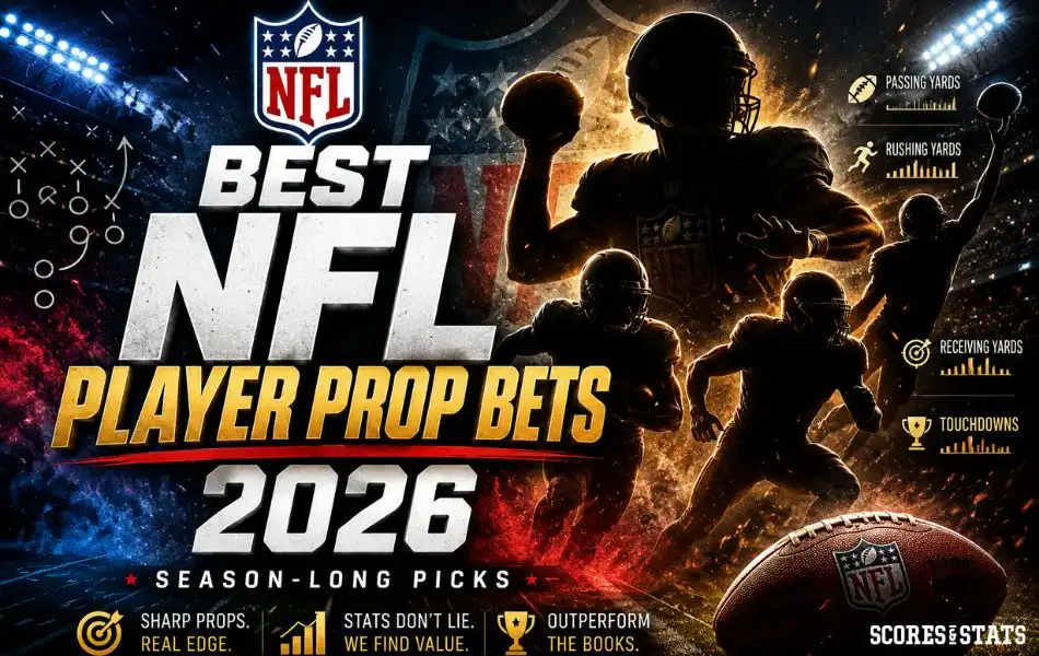 Best NFL player prop bets 2026 graphic featuring silhouetted football players, an NFL football, and passing, rushing, receiving, and touchdown stat categories.