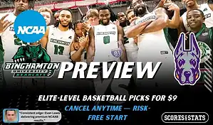 Binghamton Bearcats vs Albany Great Danes basketball preview graphic with Binghamton and Albany logos and Binghamton players celebrating in the background