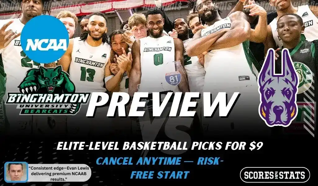 Binghamton Bearcats vs Albany Great Danes basketball preview graphic with Binghamton and Albany logos and Binghamton players celebrating in the background