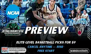 Binghamton Bearcats vs Maine Black Bears preview graphic with team logos and NCAA branding promoting college basketball picks and predictions for January 24 2026
