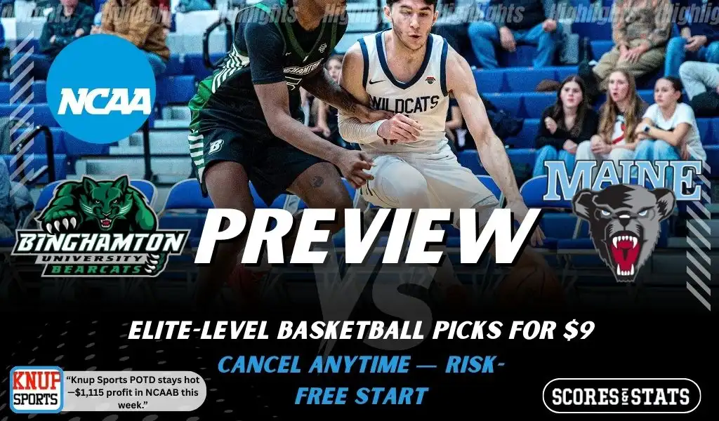 Binghamton Bearcats vs Maine Black Bears preview graphic with team logos and NCAA branding promoting college basketball picks and predictions for January 24 2026