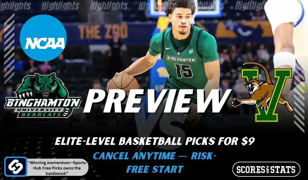 NCAA basketball preview graphic for Binghamton Bearcats vs Vermont Catamounts with team logos game photo and the word Preview for January 8 2026