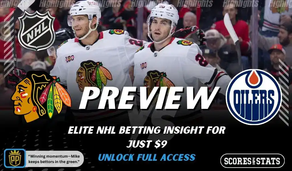 Chicago Blackhawks versus Edmonton Oilers NHL preview graphic with team logos and Scores and Stats branding January 12 2026